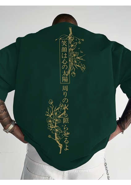 Erkek Oversize Japon Kiraz Ağacı Baskılı T-Shirt Rahat ve Şık Tasarım