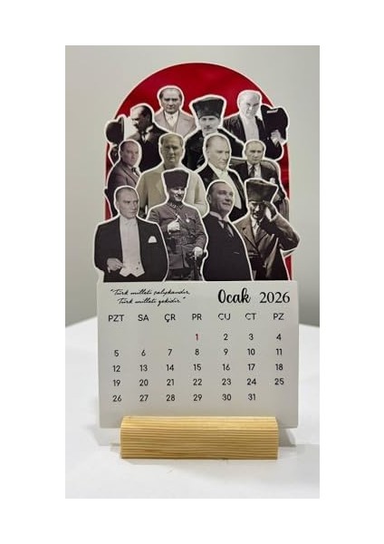 2026 Atatürk Takvimi, Atatürk Temalı, Masa Üstü Ahşap Standlı, Türk Bayrağı Tasarımlı, fiyatları