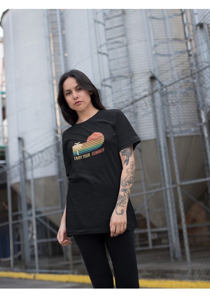 Kadın Enjoy Your Summer Baskılı Oversize T-Shirt modelleri