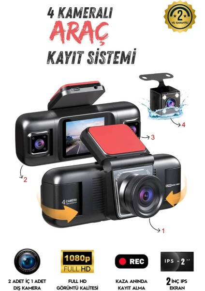 4 Kameralı Wifi Özellikli Araç Kamerası - Geri Görüş - G Sensör - Ses Kayıt- Gece Görüş