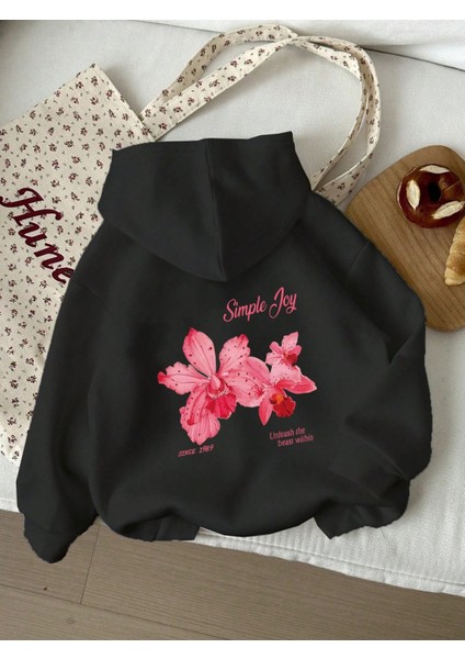Kadın Kapüşonlu Simple Joy Sırt Baskılı Oversize Hoodie - Sokak Stili - Günlük Kombin