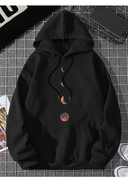 Unisex Kapüşonlu Ayın Evreleri Baskılı Oversize Hoodie - Sokak Stili - Günlük Kombin