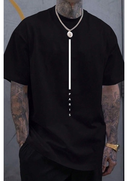 Dikey Paris Baskılı Erkek Oversize T-Shirt