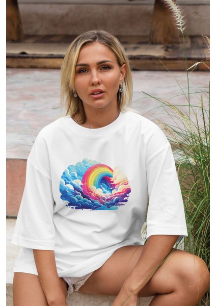 Gökkuşağı Baskılı Oversize T-Shirt