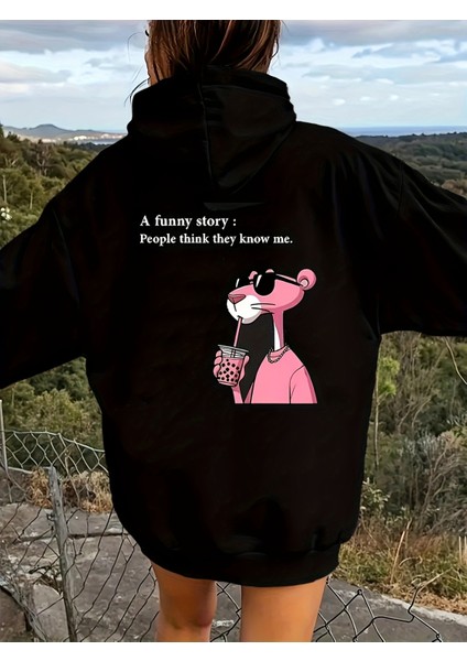Kadın Kapüşonlu Panter Sırt Baskılı Oversize Hoodie - Sokak Stili - Günlük Kombin