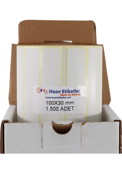 Hazır Al Hızlı Al Kuşe Etiket 100MM x 30MM Ruloda 1500 Adet 40MM Çapında Baskısız Barkod Yazıcı Etiketi fiyatları
