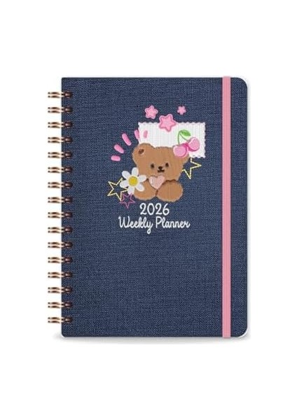 2026 A5 Spiralli Renkli Haftalık Ajanda 12 Aylık - Motivasyon Sayfalı Ayıcık