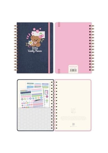 2026 A5 Spiralli Renkli Haftalık Ajanda 12 Aylık - Motivasyon Sayfalı Ayıcık modelleri