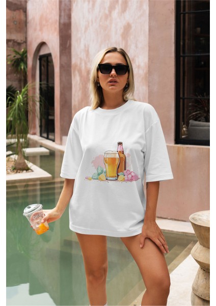 Içecek Baskılı Oversize T-Shirt