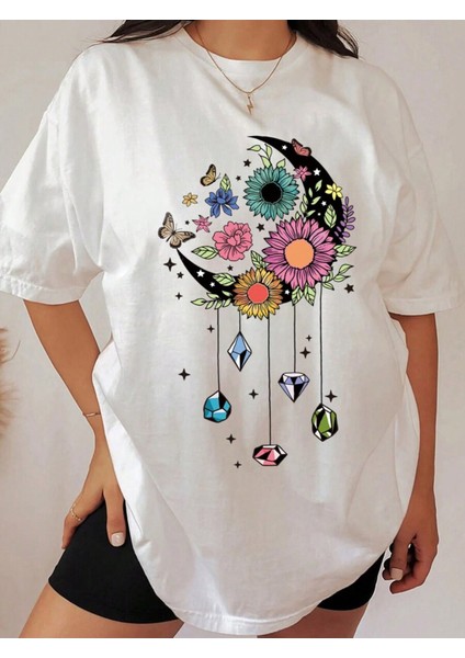 Çicek Ay Baskılı Kadın Oversize T-Shirt