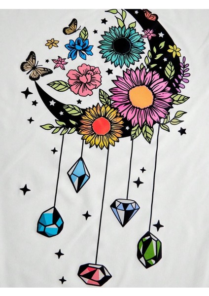 Çicek Ay Baskılı Kadın Oversize T-Shirt fırsatları