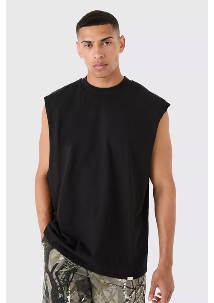 Oversize Unisex Siyah Düz Kolsuz T-Shirt