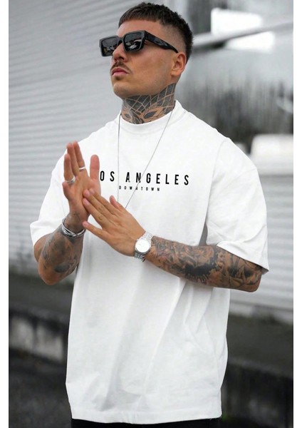 Los Angeles Downtown Baskılı Erkek Oversize T-Shirt