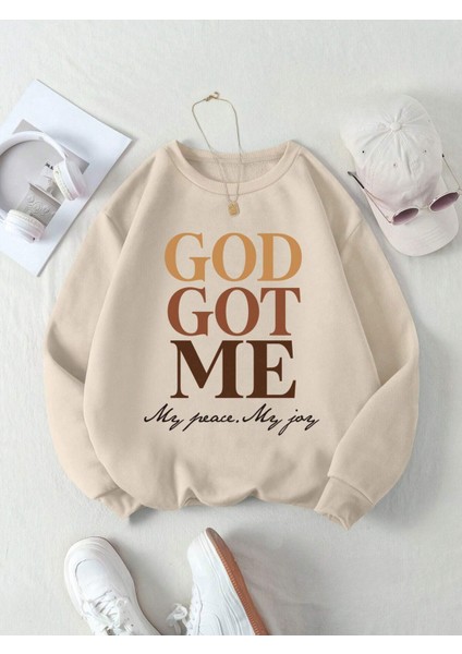 God Got Me Baskılı Oversize Sweatshirt