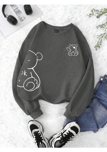 Korsan Ayı Baskılı Oversize Sweatshirt