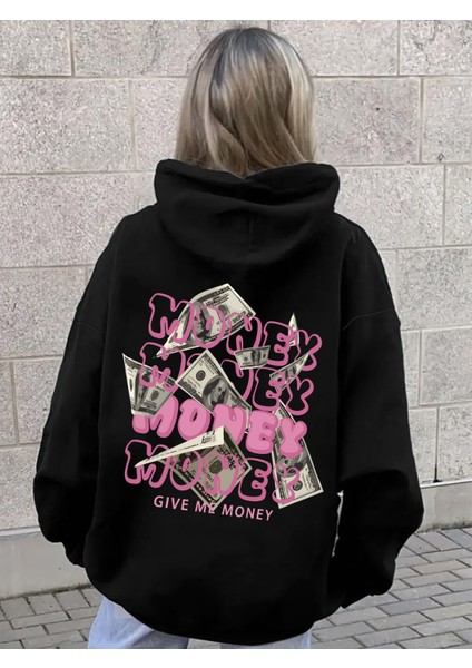 Kadın Kapüşonlu Money Sırt Baskılı Oversize Hoodie - Sokak Stili - Günlük Kombin
