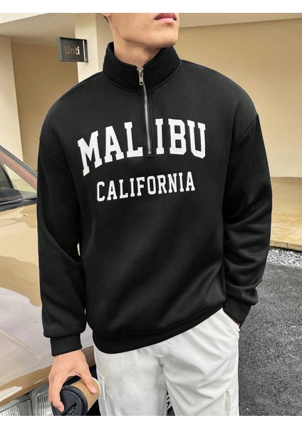 Unisex Malibu California Baskılı Yarım Fermuarlı Dik Yaka Oversize Sweatshirt indirimleri