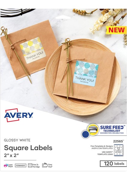Yazdırılabilir Boş Kare Etiketler, 2 "x 2", Parlak Beyaz, 120 Özelleştirilebilir Etiket (22565)