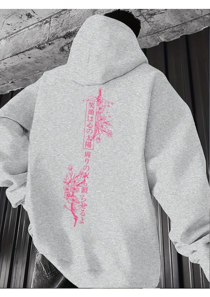 Erkek Kapüşonlu Sakura Kiraz Çiceği Sırt Baskılı Oversize Hoodie - Sokak Stili - Günlük Kombin