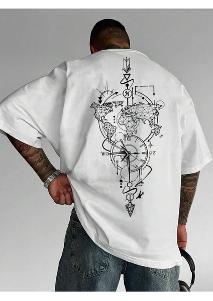 Dünya Pusula Baskılı Oversize T-Shirt