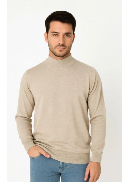 Erkek Yarım Boğaz Triko Kazak Yumuşak Dokulu Pamuklu Ince Dokuma, Uzun Kollu Rahat Regular Kalıp - Bej modelleri