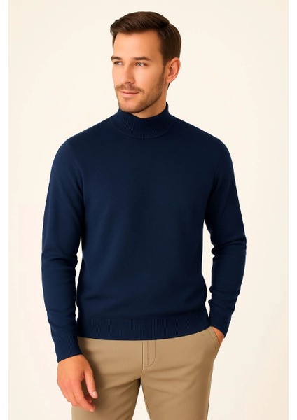 Erkek Yarım Boğaz Triko Kazak Yumuşak Dokulu Pamuklu Ince Dokuma, Uzun Kollu Rahat Regular Kalıp - Lacivert fiyatları