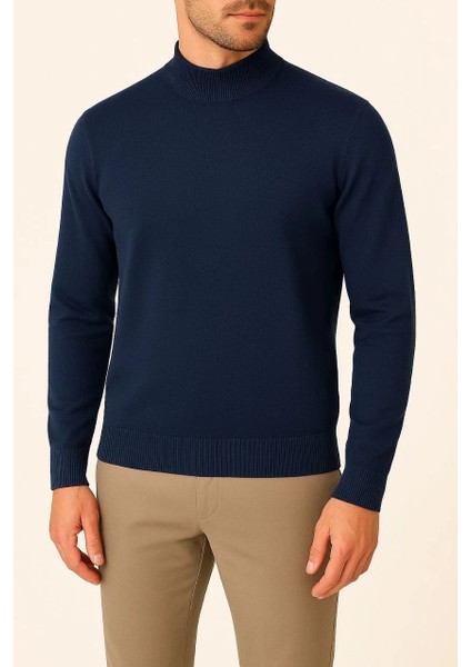 Erkek Yarım Boğaz Triko Kazak Yumuşak Dokulu Pamuklu Ince Dokuma, Uzun Kollu Rahat Regular Kalıp - Lacivert modelleri