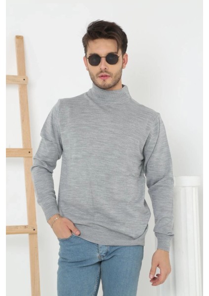 Erkek Yarım Boğaz Triko Kazak Yumuşak Dokulu Pamuklu Ince Dokuma, Uzun Kollu Rahat Regular Kalıp - Gri