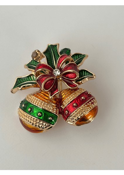 Kurdela Detaylı Renkli Parlak Taşlı Yılbaşı Topları Gold Broş