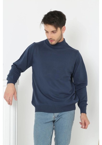 Erkek Yarım Boğaz Triko Kazak Yumuşak Dokulu Pamuklu Ince Dokuma, Uzun Kollu Rahat Regular Kalıp - Indigo