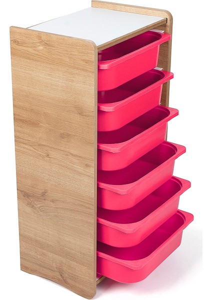 Montessori Tarzı Ceviz Mdf 6 Pembe Çekmeceli Oyuncak ve Kitap Dolabı