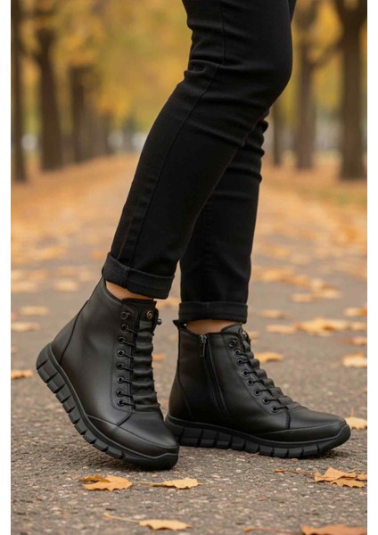 Siyah Hakiki Deri Içi Polarlı Kaymaz Fermuarlı Kadın Bot 3910 Z modelleri