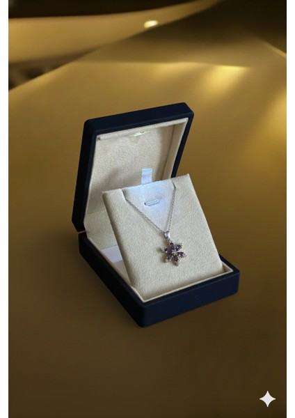 (Premium Işıklı Kutulu) 925 Ayar Gümüş Mor Taşlı Lotus Çiçeği Kadın Kolye