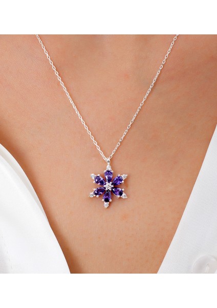 (Premium Işıklı Kutulu) 925 Ayar Gümüş Mor Taşlı Lotus Çiçeği Kadın Kolye fiyatları