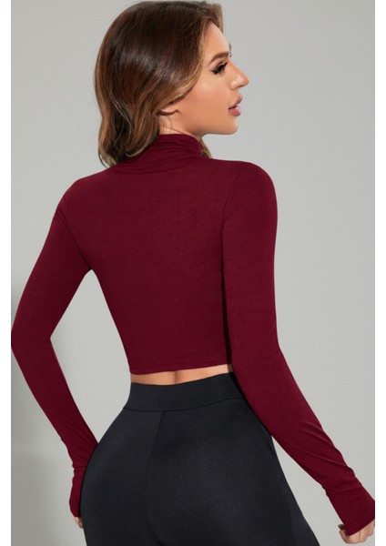 Kadın Bordo Uzun Kol Fermuarlı Parmak Geçme Detaylı Dik Yaka Crop Top Bluz fiyatları