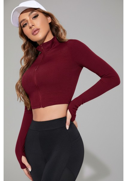 Kadın Bordo Uzun Kol Fermuarlı Parmak Geçme Detaylı Dik Yaka Crop Top Bluz indirimleri