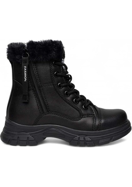 Filet Bot 24072 Cilt Siyah Deri Kürklü Kaymaz Çocuk Bot