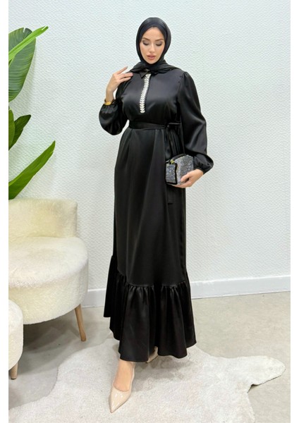 Taşlı Gömlek Yaka Altı Fırfırlı Saten Tesettür Abiye- Siyah modelleri