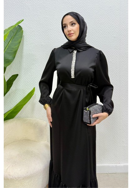 Taşlı Gömlek Yaka Altı Fırfırlı Saten Tesettür Abiye- Siyah fırsatları