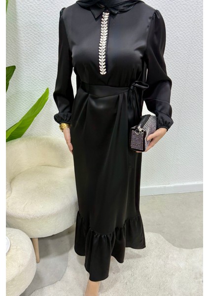 Taşlı Gömlek Yaka Altı Fırfırlı Saten Tesettür Abiye- Siyah indirimleri