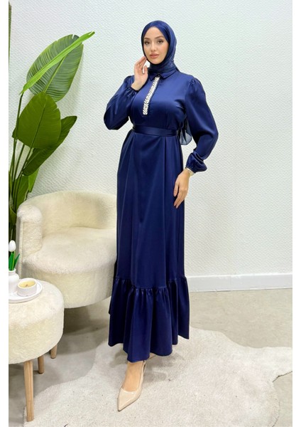 Taşlı Gömlek Yaka Altı Fırfırlı Saten Tesettür Abiye- Lacivert