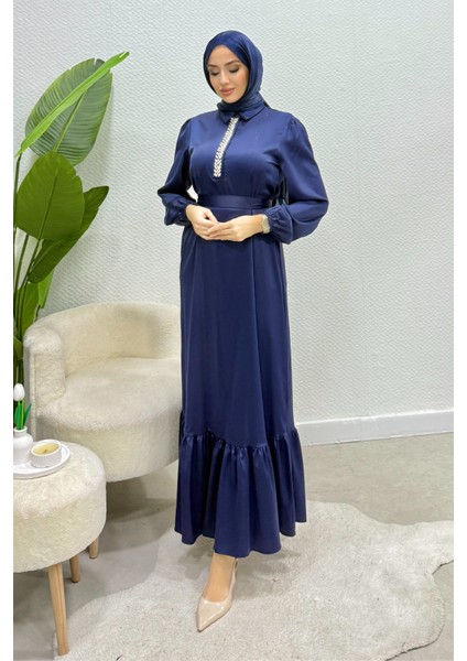 Taşlı Gömlek Yaka Altı Fırfırlı Saten Tesettür Abiye- Lacivert modelleri