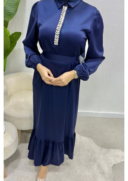 Taşlı Gömlek Yaka Altı Fırfırlı Saten Tesettür Abiye- Lacivert indirimleri