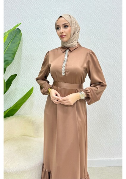 Taşlı Gömlek Yaka Altı Fırfırlı Saten Tesettür Abiye- Taba fiyatları