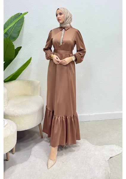 Taşlı Gömlek Yaka Altı Fırfırlı Saten Tesettür Abiye- Taba modelleri