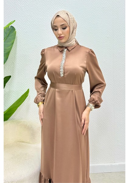 Taşlı Gömlek Yaka Altı Fırfırlı Saten Tesettür Abiye- Taba fırsatları
