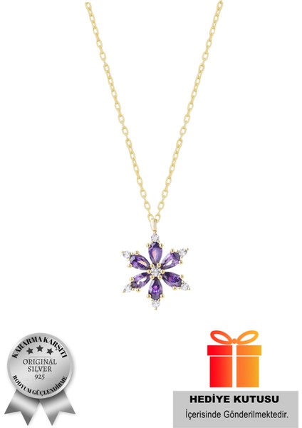 (Premium Işıklı Kutulu) 925 Ayar Gümüş Mor Taşlı 18 Ayar Gold Kaplama Lotus Çiçeği Kadın Kolye modelleri