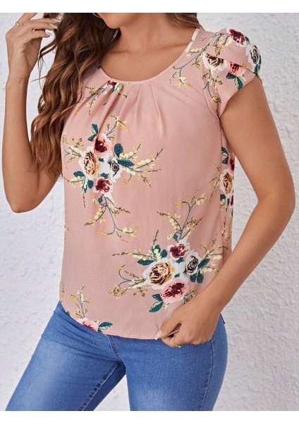 Kadın Kısa Kollu Bisiklet Yaka Çiçek Baskılı Süprem Bluz modelleri