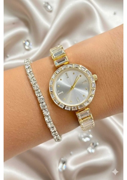 Premium Yeni Sezon Taşlı Metal Kordon Kadın Kol Saati Su Yolu Bileklik Hediyeli