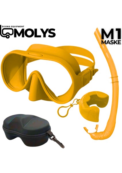 Molys M1 Dalış Maskesi + Kutusu + Şnorkel + Şnorkel Kabı + Anti Fog Buğu Önleyici Film Set Halinde Sarı Renk